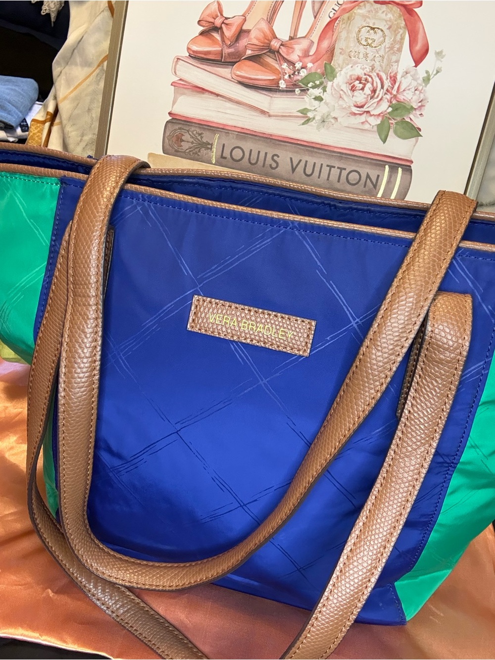 Vera Bradley Colorblock Nylon Tote Blue Green Brown Trim  Bag Large Zip Top